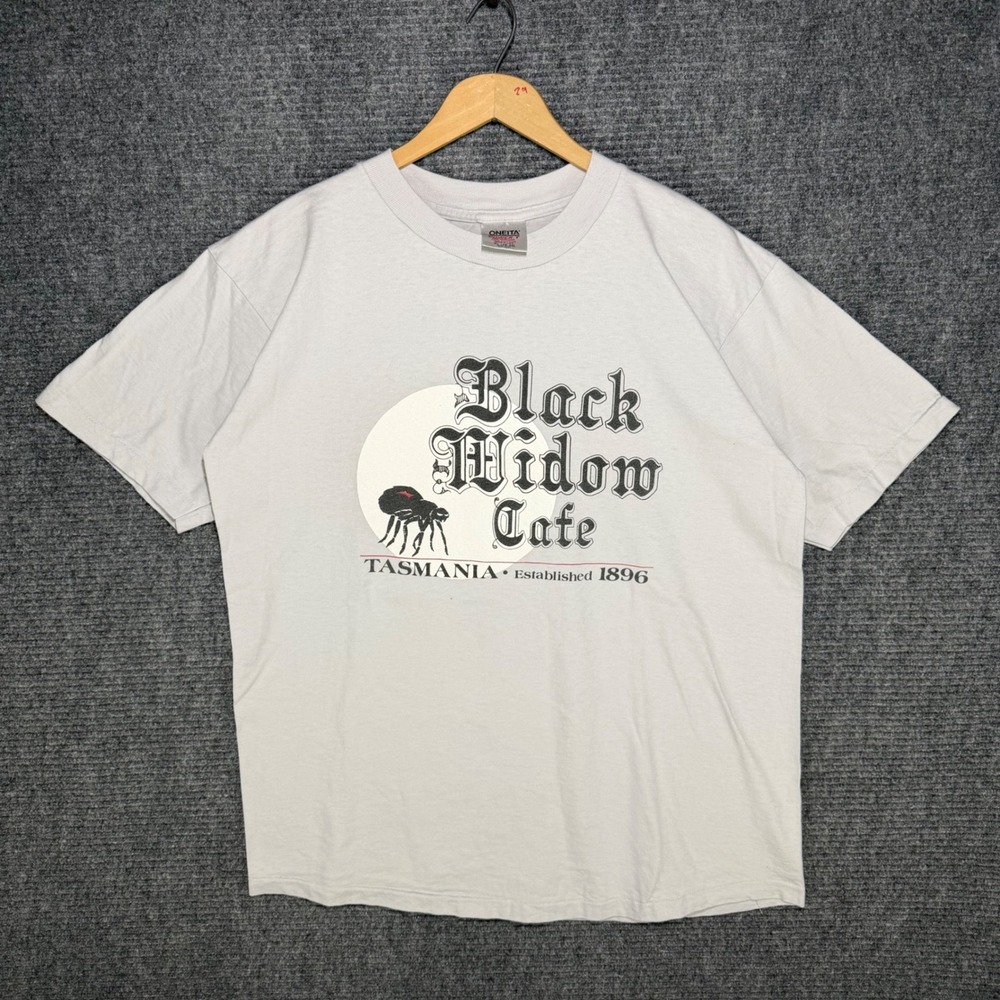 Vintage Oneita Power-T Black Widow Cafe Tasmania T-Shirt Mens XL 90s USA